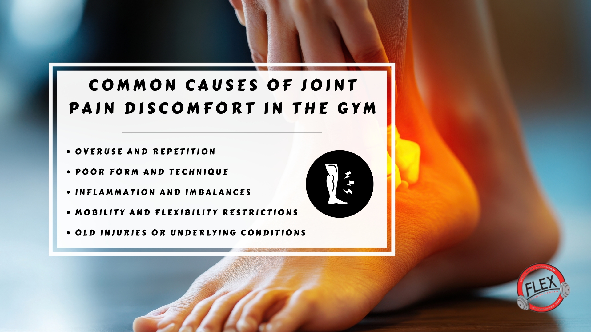 Infographic image of common causes of joint pain discomfort in the gym